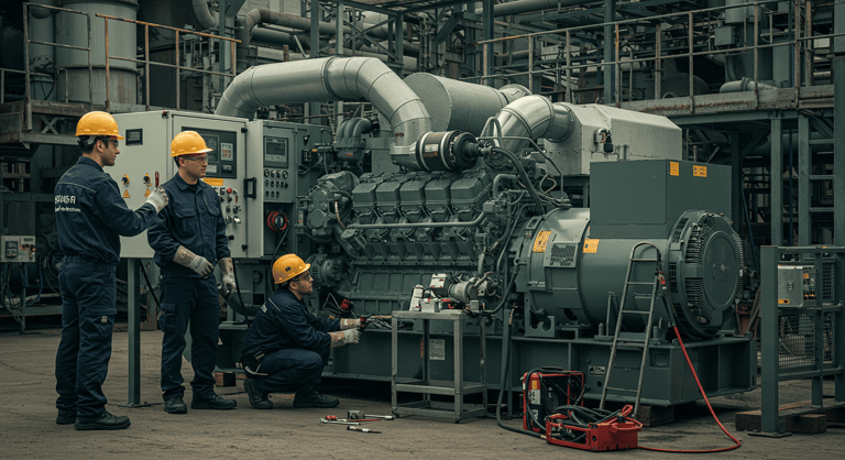 Technician performing DG service on a diesel generator for preventive maintenance