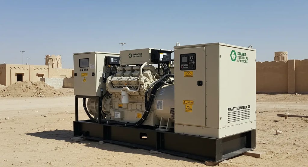 Large diesel generator installed at an active construction site in Saudi Arabia, provided by Smart Technical Services for temporary power supply.