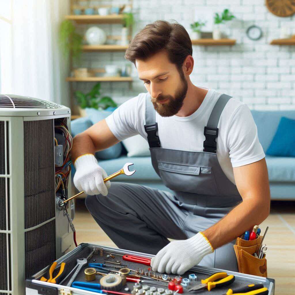 An AC technician near me in a uniform is servicing an air conditioning unit in a residential home in jeddah