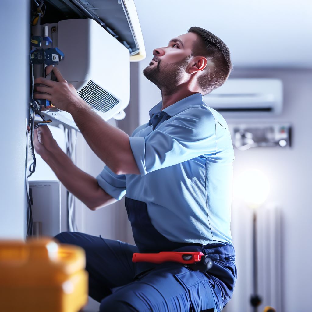 هذه صورة لفني تكييف الهواء يقوم بإصلاح مكيف هواء في جدة، المملكة العربية السعودية. يقوم الفني بفحص المكيف وتحديد المشكلة. بعد ذلك، يقوم بإصلاح المشكلة أو استبدال الجزء التالف