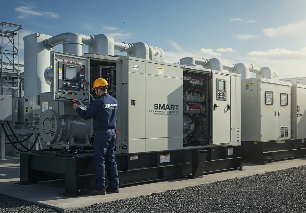 Technician providing professional generator services on an industrial diesel generator at a commercial site.

