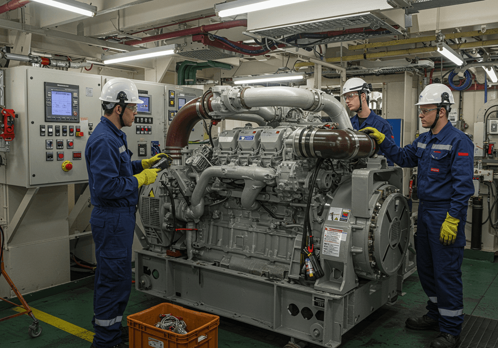 A skilled technician performing marine generator repair, inspecting and servicing electrical and mechanical components to ensure optimal performance at sea.