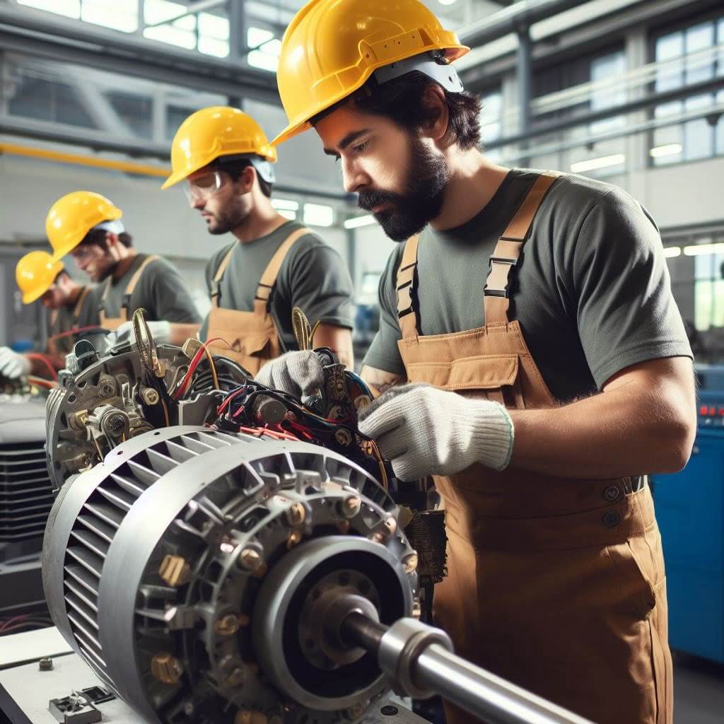 Skilled workers performing motor rewinding at a reputable motor rewinding company.