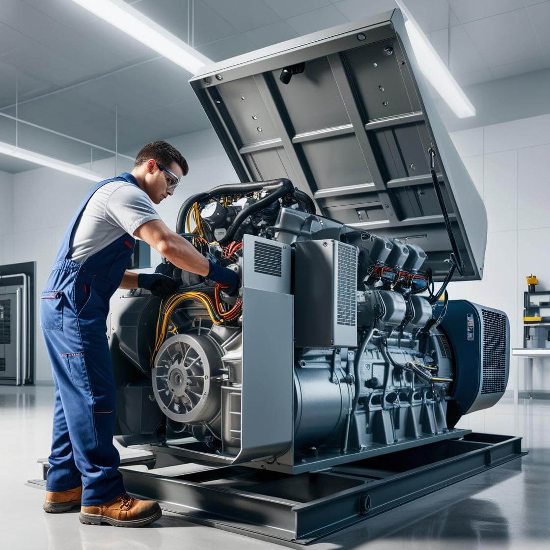 Professional generator mechanic repairing an industrial generator in a well-organized workspace.