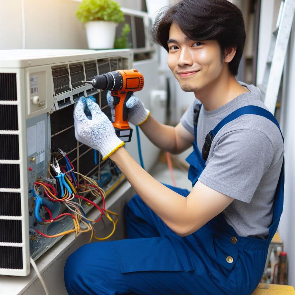 Image: Air conditioner repair technician working on equipment.