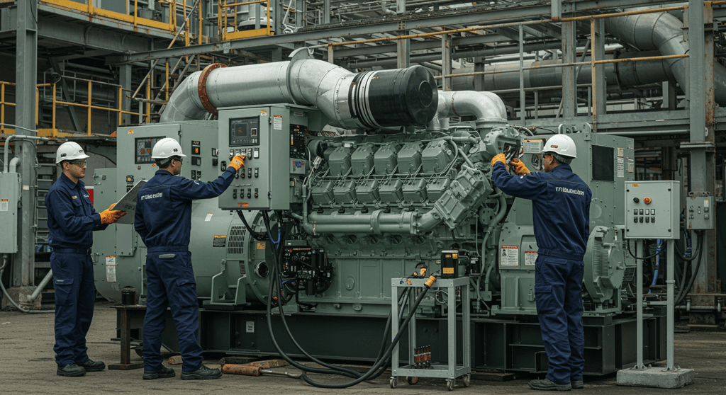  A professional technician performing generator repairing services, inspecting and fixing electrical and mechanical components for optimal performance.