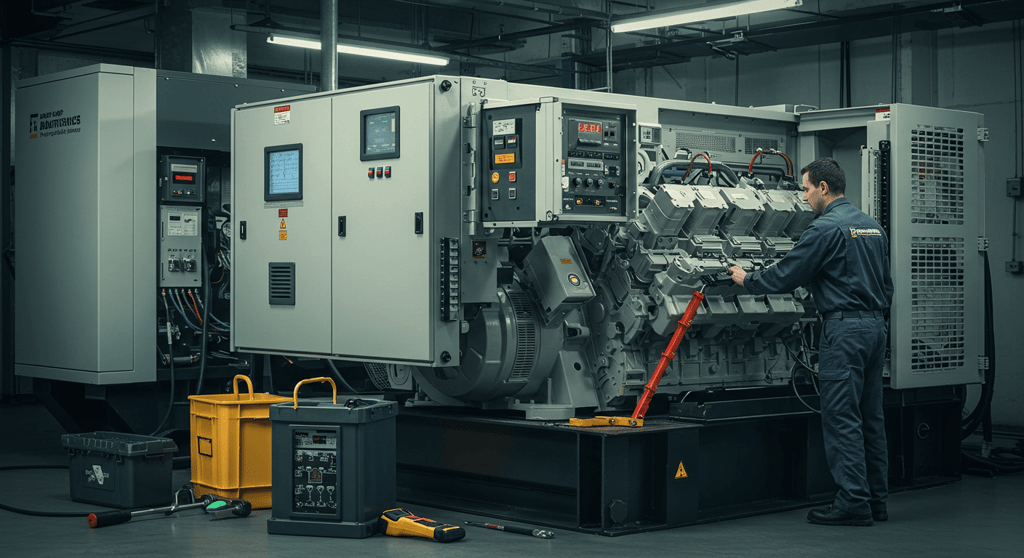 A technician performing backup power maintenance and servicing on a diesel generator, ensuring reliable performance and uninterrupted power supply.