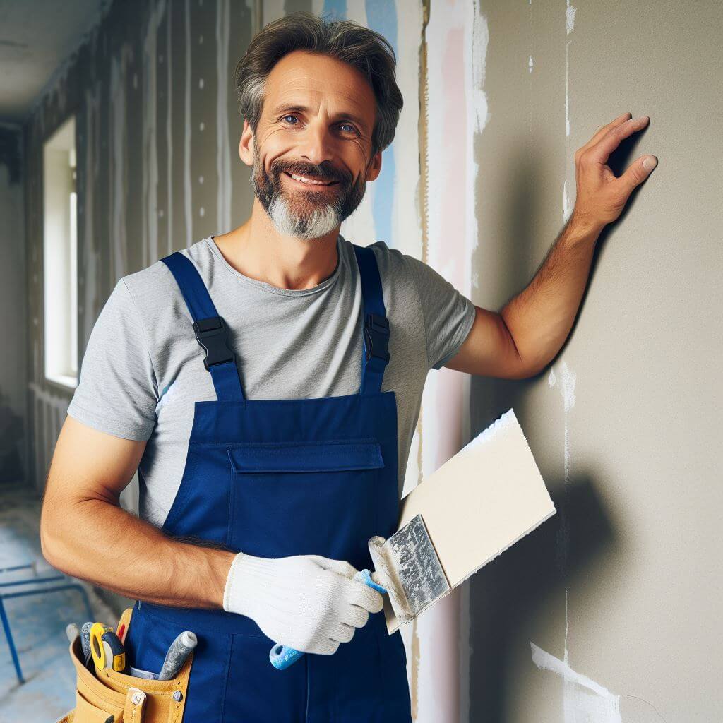 Plasterboard worker installing drywall panels on a wall