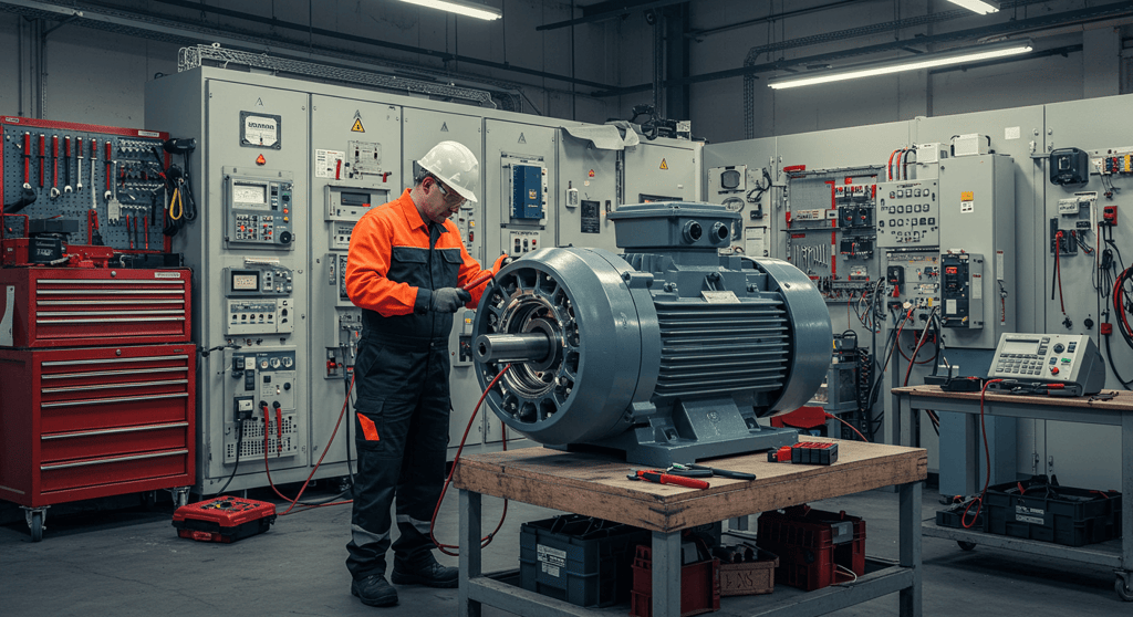 فني يقوم بصيانة ماطور كهرباء ثلاثي الطور داخل ورشة صناعية باستخدام أدوات فحص وتشخيص متقدمة.
