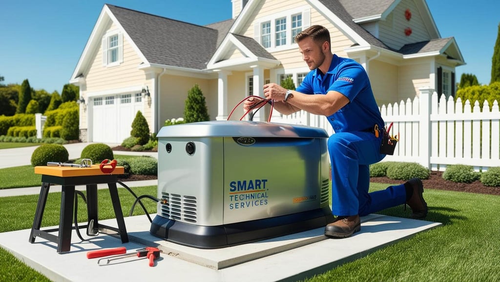 A professional technician from Smart Technical Services installing a modern home generator next to a suburban house, showcasing expertise in generator installation.