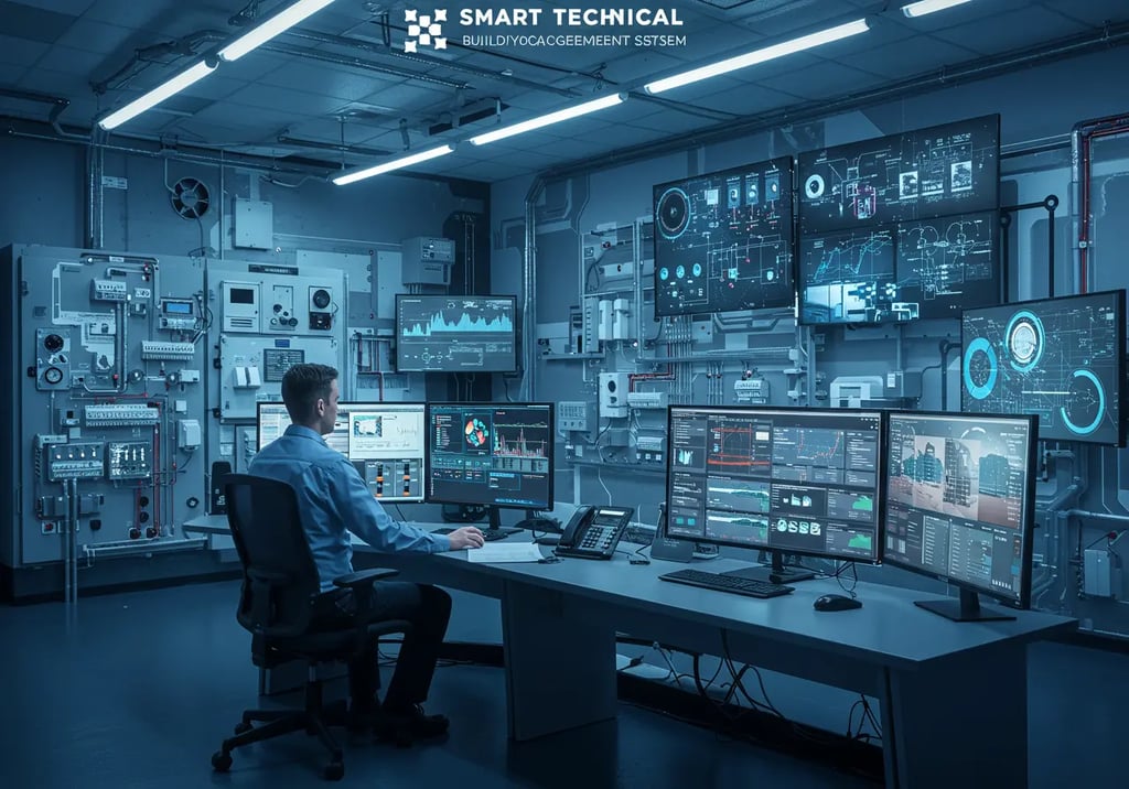 Technician monitoring smart control panels in a commercial facility using a BMS Building Management System for HVAC, lighting, and energy management.