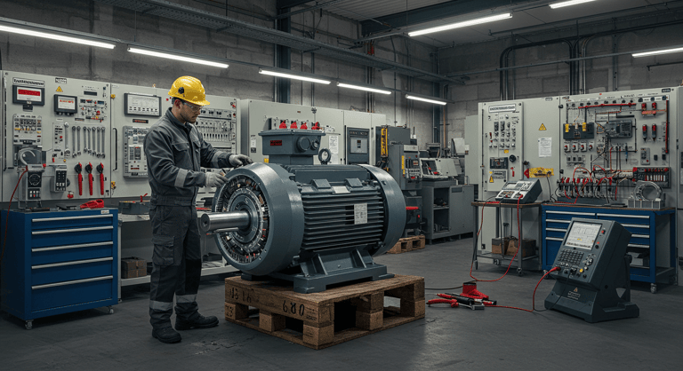 Technician performing motor rewinding services, inspecting and repairing an industrial motor to restore efficiency and performance.
