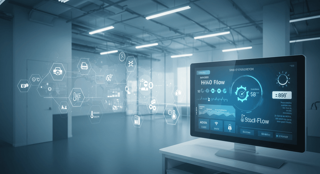 Smart building interior with digital HVAC automation controls displaying temperature and airflow settings
