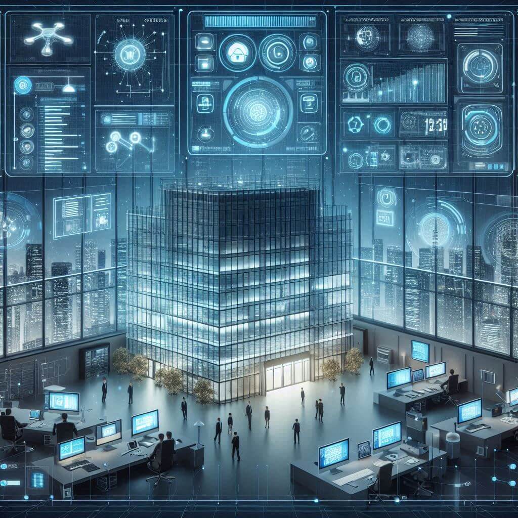 Technicians installing and configuring a Building Automation System in a modern office building, with advanced control panels, wiring, and digital interfaces. The scene illustrates the integration of smart HVAC systems, energy-efficient lighting, and security systems, highlighting the expertise and technological sophistication involved.