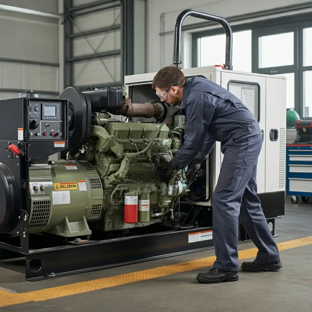 A technician performing routine generators maintenance on a diesel generator in a commercial setting.
