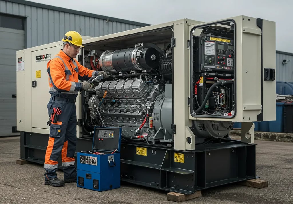 Technician repairing a diesel generator at a commercial site in Jeddah, Saudi Arabia