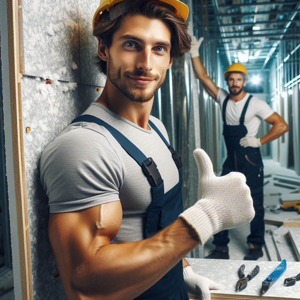 A skilled gypsum board technician meticulously installs and finishes gypsum board, ensuring flawless interior surfaces for walls and ceilings.