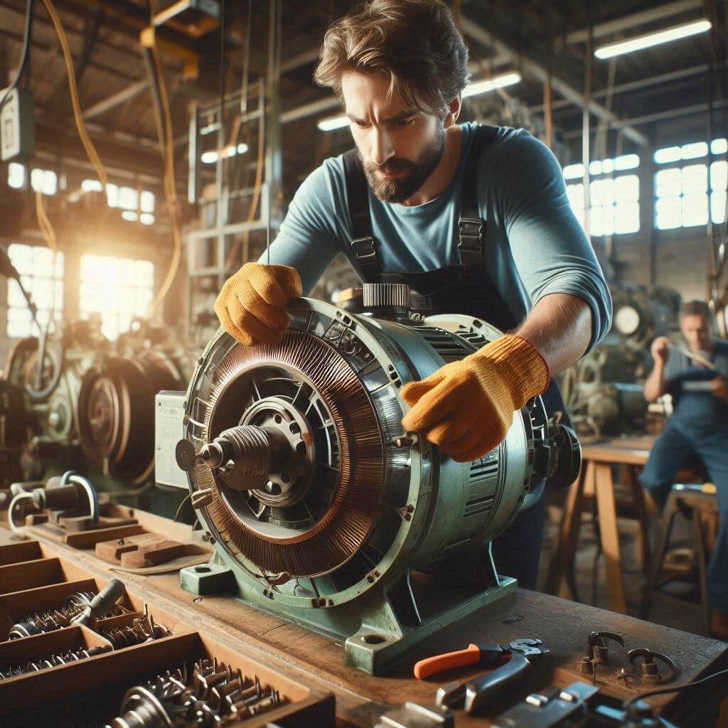 A technician carefully inspects the winding coils of a 100 HP motor, ensuring precision and reliability in the rewinding process. Each coil is meticulously handled, highlighting the expertise and attention to detail provided by Smart Technical Services in motor winding services.