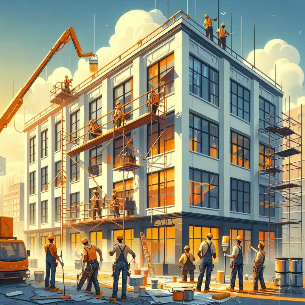 Professional painters from Smart Technical Services applying a fresh coat of paint to a modern commercial building. The team is equipped with safety gear and using scaffolding, paint rollers, and brushes. The sleek building design features large glass windows, and the vibrant new paint color enhances the property’s curb appeal. The scene includes a clear blue sky and well-maintained greenery, showcasing the quality and impact of our building painting services in jeddah Saudia Arabia