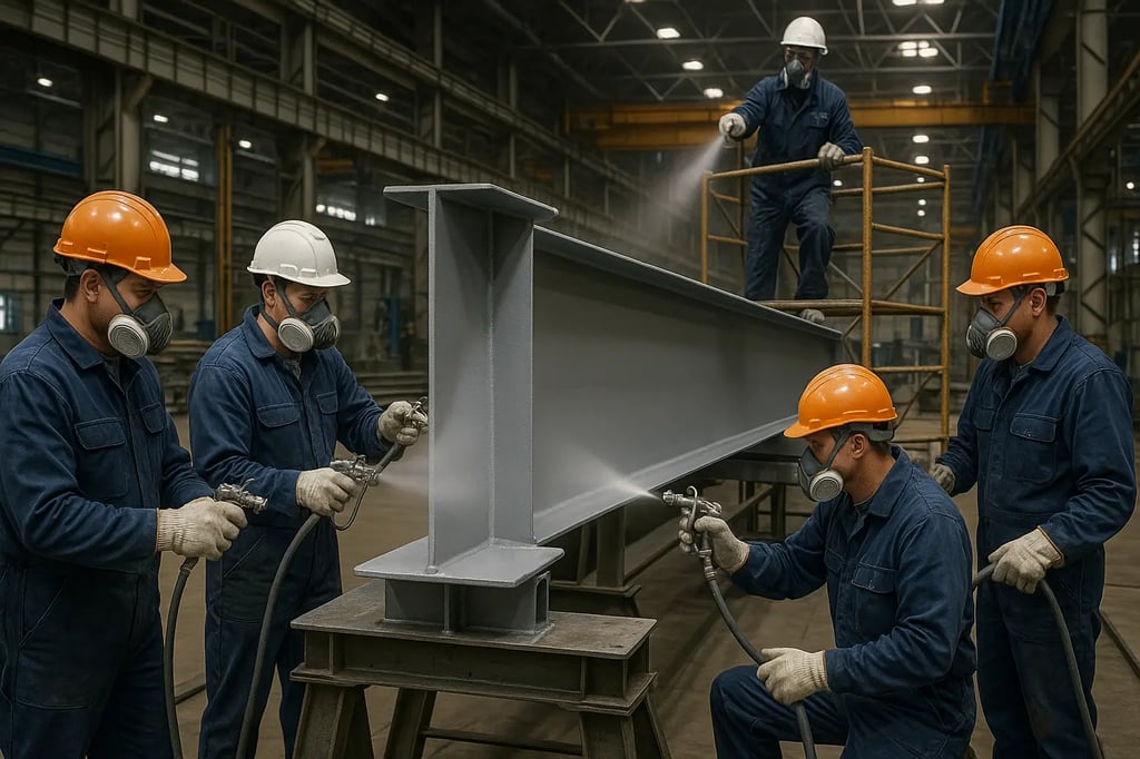 Technicians applying industrial paint to a metal structure in a Saudi Arabian manufacturing facility

