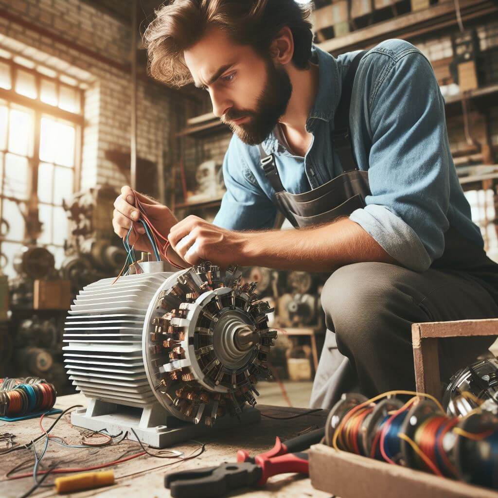 Skilled technician winding a 3-phase motor for optimal performance.