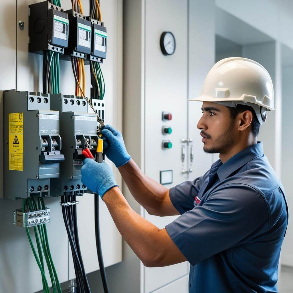 Technician installing and repairing a 400 Amp changeover switch