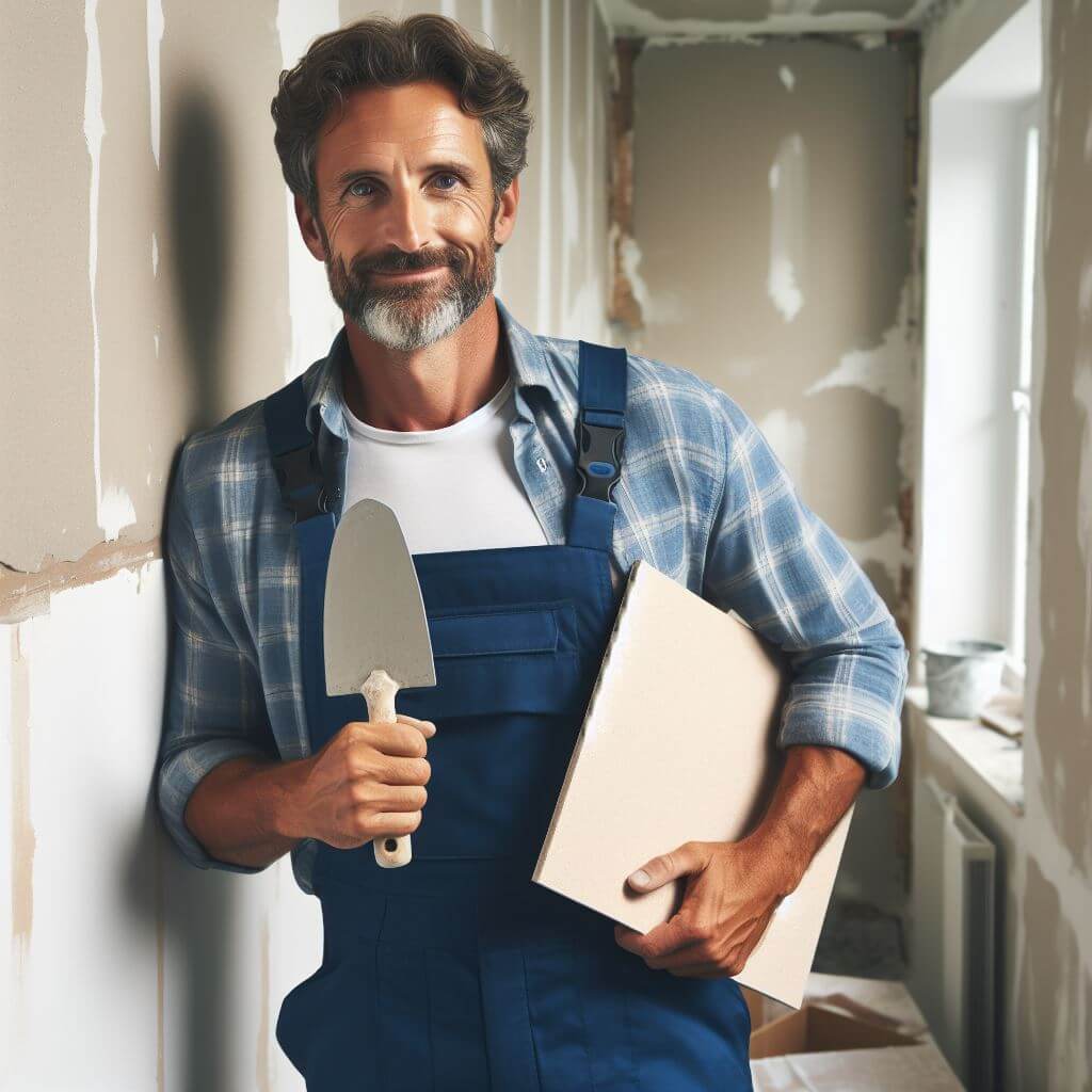 Skilled plaster worker applying plaster to a wall in Jeddah, ensuring flawless results for residential and commercial spaces."
