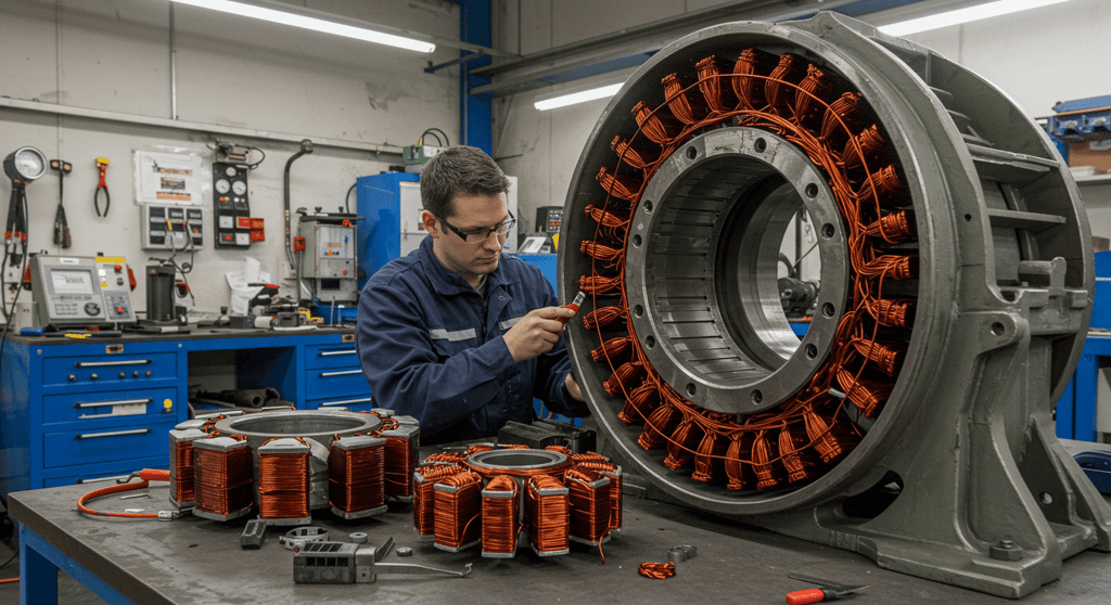 A technician performing alternator rewinding by carefully rewinding copper coils inside an industrial alternator.