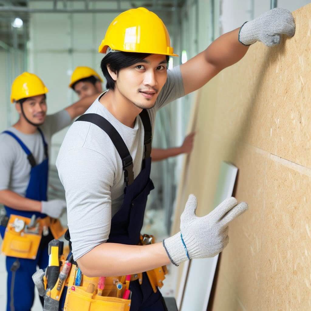 Skilled technician installing gypsum board on a wall.