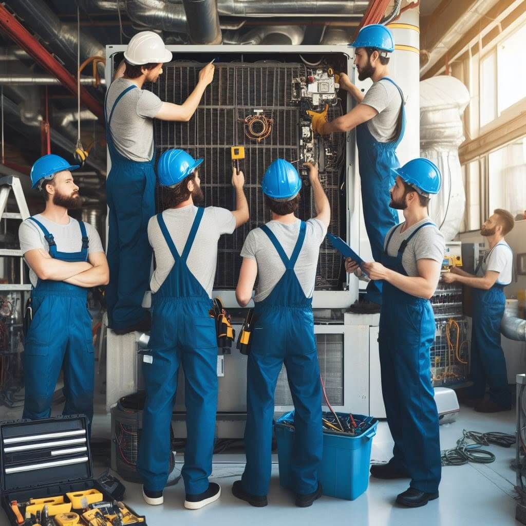 HVAC maintenance service technician inspecting air conditioner