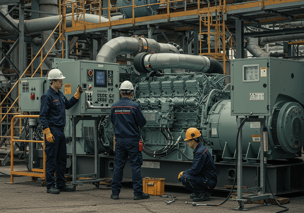Technician performing preventive maintenance on a diesel generator to ensure optimal genset service.