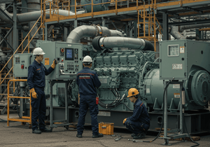 Technician performing preventive maintenance on a diesel generator to ensure optimal genset service.