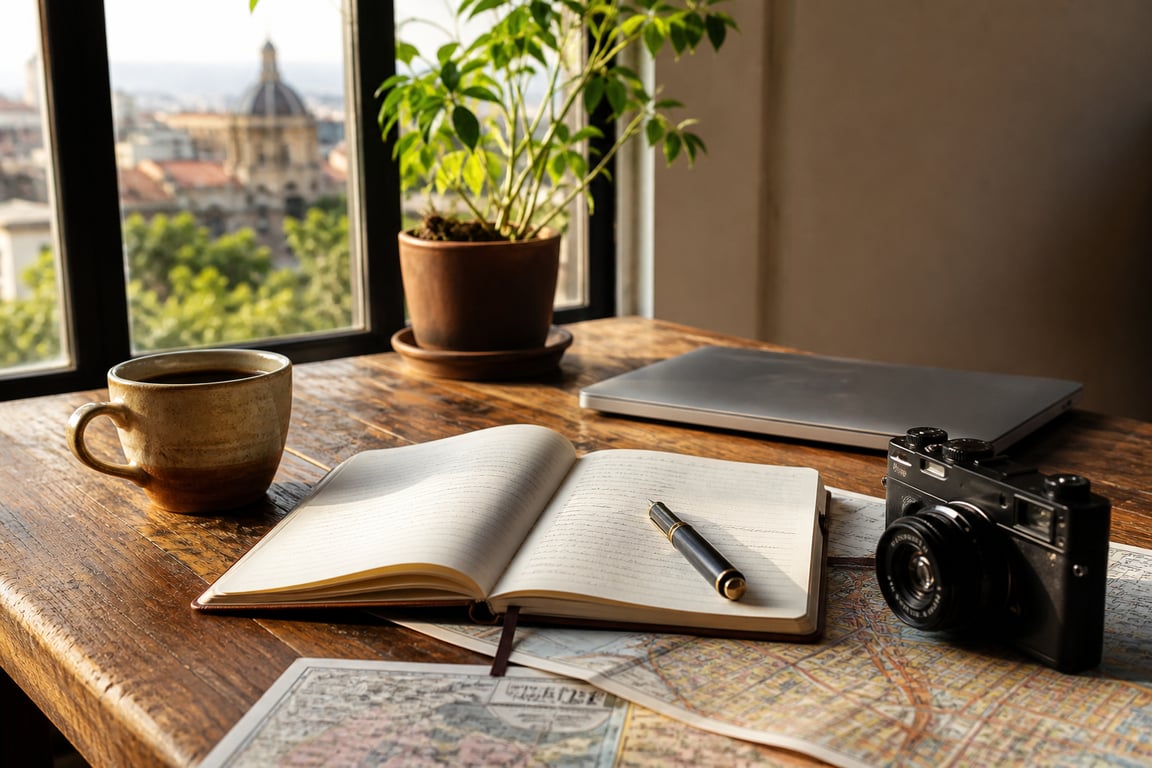 Mesa de trabajo editorial con mapas, cuaderno y cámara