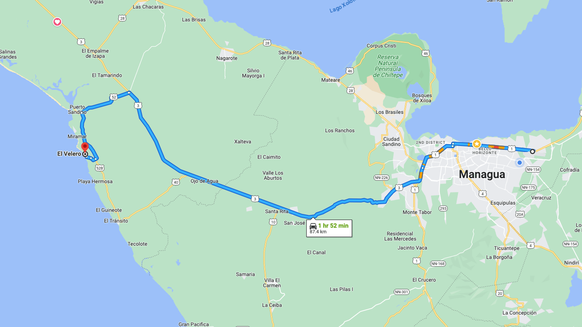 El Velero Beach Nagarote Route from Airport