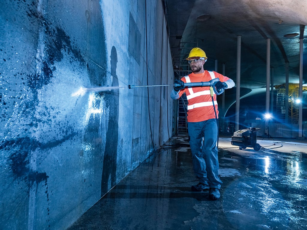 City worker pressure washing graffiti off an underpass