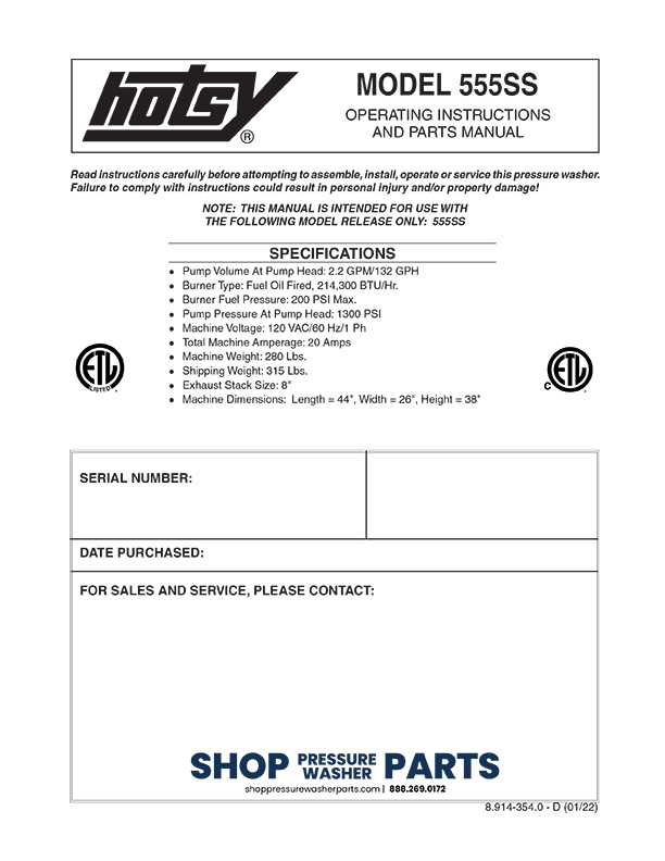 Hotsy 555ss Operator Manual