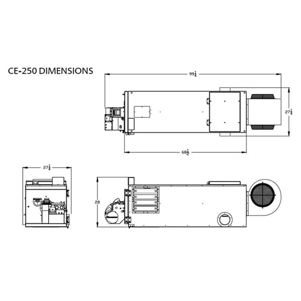 Clean Energy CE-250 Dimensions Diagram - 99.5" x 27.5" x 28" (L x W x H)
