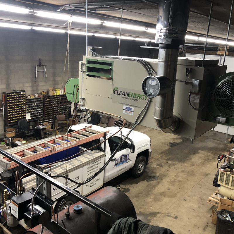 Northstar service truck at job site for Clean Energy waste oil heater installation