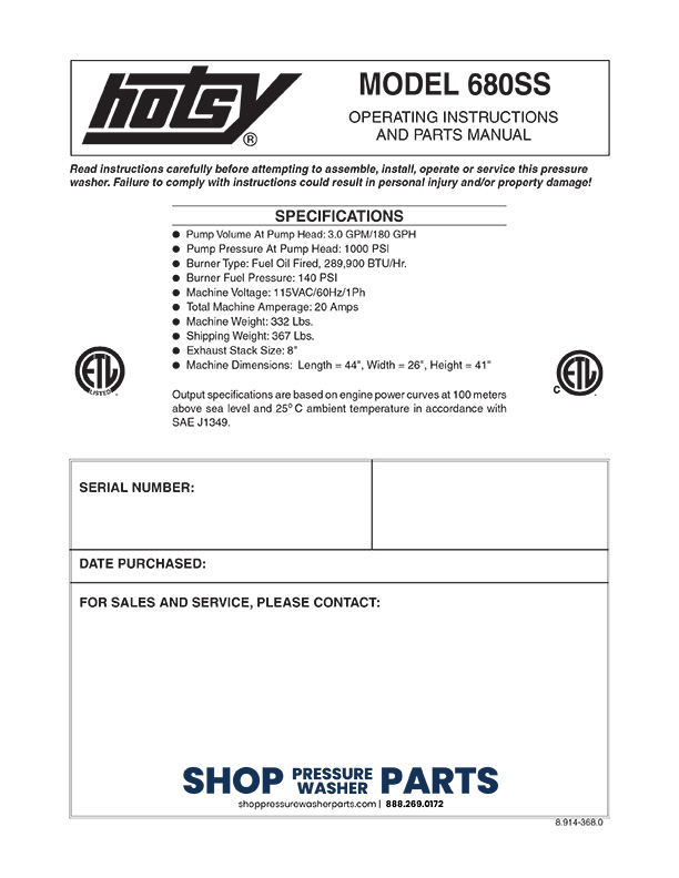 Hotsy 680ss Operator Manual