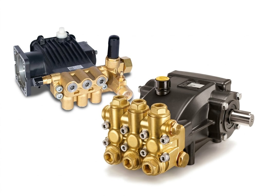Two triplex pumps with different quality manifolds and crankcase sizes.