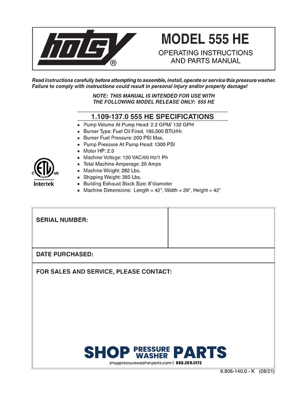 Hotsy 555he Operator Manual