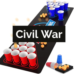 Beer pong table with red cups and blue cups setup to play the beer pong drinking game civil war.