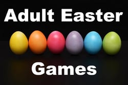 This image features six brightly colored Easter eggs—yellow, orange, pink, purple, blue, and green—lined up horizontally against a solid black background. The text "Adult Easter Games" is displayed in bold white font, with "Adult Easter" centered above the eggs and "Games" centered below them.