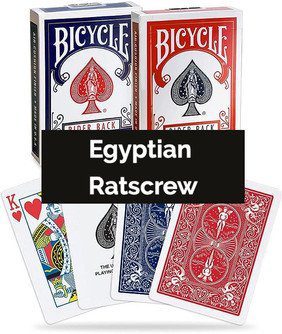 two decks of red and blue bicycle cards labeled Egyptian Ratscrew