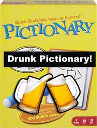 Pictionary party game labeled "Srunk Pictionary" with 2 beer glasses
