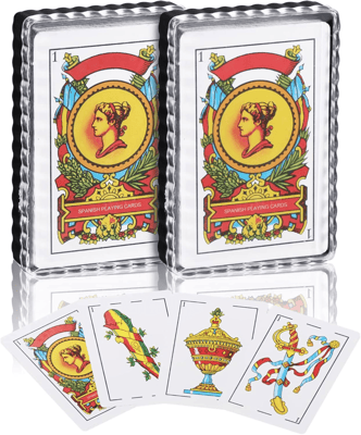 two decks of traditional spanish playing cards used to play Conquian and Escoba card games