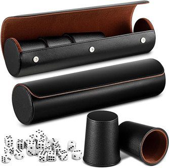 Leather dice cups with case and white dice.