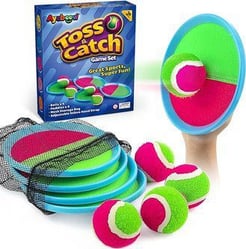 Ayeboovi Toss and Catch game box, balls, and mitts