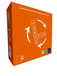 A bright orange game box for a game called "Cross Spin" by JO PAT GAMES, featuring the game logo and text "A NEW SPIN ON THE CLASSIC CROSSWORD!" It also indicates the game is for 2-6 players, takes about 30m (minutes), and is for Ages 8+.