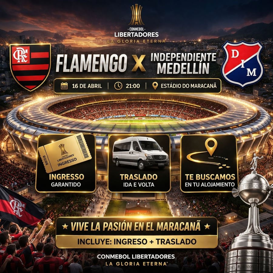 Viva uma experiência única no coração do futebol mundial ⚽🔥  Venha fazer parte de uma verdadeira festa no estádio mais icônico do Brasil e um dos mais famosos do mundo: o Maracanã. Conhecido como o templo do futebol, esse palco histórico já recebeu finais inesquecíveis, grandes ídolos e momentos que marcaram gerações.  Mais do que um jogo, você vai viver uma emoção indescritível, rodeado por milhares de torcedores, cantos apaixonados e uma atmosfera que só o Rio de Janeiro pode oferecer.  Com a M Tours, você aproveita tudo com total conforto e segurança: ✔️ Ingresso garantido ✔️ Transporte ida e volta ✔️ Buscamos você diretamente no seu hotel ✔️ Atendimento personalizado durante toda a experiência  Deixe-se envolver pela magia do Maracanã e viva o futebol de uma forma que você nunca imaginou.  Não perca essa oportunidade. Garanta agora sua vaga e venha viver esse espetáculo inesquecível! 🙌